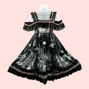 Gothic Lolita Dress With Off-Shoulder Frills Black & White Print Gold Trim Med